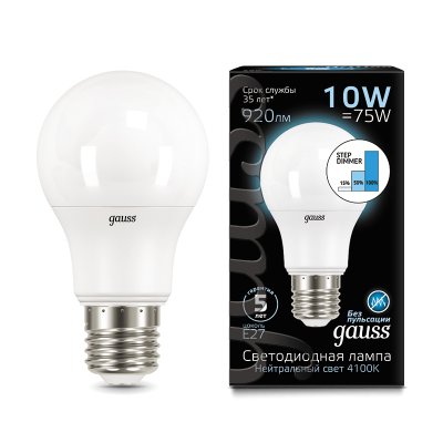 Лампа Gauss LED A60 10W E27 920lm 4100K step dimmable (102502210), 102502210
Лампа Gauss LED A60 10W E27 920lm 4100K step dimmable (102502210), 102502210