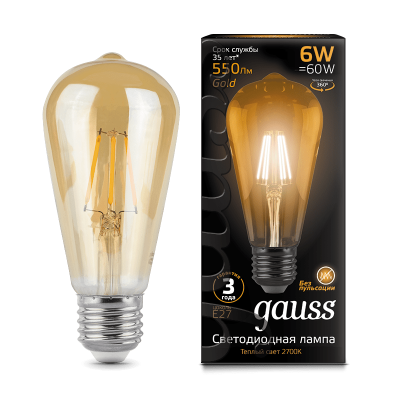Ретро лампа Gauss LED Filament ST64 E27 6W Golden 550lm 2400К (102802006), 102802006
Ретро лампа Gauss LED Filament ST64 E27 6W Golden 550lm 2400К (102802006), 102802006
