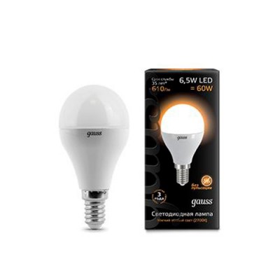 Лампа Gauss 105101107 LED Globe E14 6.5W 100-240V 2700K Лампа Gauss 105101107 LED Globe E14 6.5W 100-240V 2700KСтандартный вид<br>В интернет-магазине «Светодом» можно купить не только люстры и светильники, но и лампочки. В нашем каталоге представлены светодиодные, галогенные, энергосберегающие модели и лампы накаливания. В ассортименте имеются изделия разной мощности, поэтому у нас Вы сможете приобрести все необходимое для освещения. Лампа Gauss 105101107 LED Globe E14 6.5W 100-240V 2700K обеспечит отличное качество освещения. При покупке ознакомьтесь с параметрами в разделе «Характеристики», чтобы не ошибиться в выборе. Там же указано, для каких осветительных приборов Вы можете использовать лампу Gauss 105101107 LED Globe E14 6.5W 100-240V 2700KGauss 105101107 LED Globe E14 6.5W 100-240V 2700K. Для оформления покупки воспользуйтесь «Корзиной». При наличии вопросов Вы можете позвонить нашим менеджерам по одному из контактных номеров. Мы доставляем заказы в Москву, Екатеринбург и другие города России.<br><br>Тип товара: лампа светодиодная LED<br>Цветовая t, К: WW - теплый белый 2700-3000 К<br>Тип лампы: LED - светодиодная<br>Тип цоколя: E14<br>MAX мощность ламп, Вт: 6,5<br>Диаметр, мм мм: 45<br>Высота, мм: 87