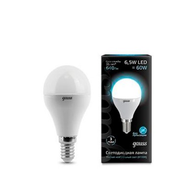 Лампа Gauss LED Globe E14 6.5W 4100K Лампа Gauss LED Globe E14 6.5W 4100KСтандартный вид<br>В интернет-магазине «Светодом» можно купить не только люстры и светильники, но и лампочки. В нашем каталоге представлены светодиодные, галогенные, энергосберегающие модели и лампы накаливания. В ассортименте имеются изделия разной мощности, поэтому у нас Вы сможете приобрести все необходимое для освещения. Лампа Gauss 105101207 LED Globe E14 6.5W 100-240V 4100K 1/10/50 обеспечит отличное качество освещения. При покупке ознакомьтесь с параметрами в разделе «Характеристики», чтобы не ошибиться в выборе. Там же указано, для каких осветительных приборов Вы можете использовать лампу Gauss 105101207 LED Globe E14 6.5W 100-240V 4100K 1/10/50Gauss 105101207 LED Globe E14 6.5W 100-240V 4100K 1/10/50. Для оформления покупки воспользуйтесь «Корзиной». При наличии вопросов Вы можете позвонить нашим менеджерам по одному из контактных номеров. Мы доставляем заказы в Москву, Екатеринбург и другие города России.<br><br>Цветовая t, К: CW - холодный белый 4000 К<br>Тип лампы: LED - светодиодная<br>Тип цоколя: E14<br>MAX мощность ламп, Вт: 6,5<br>Диаметр, мм мм: 45<br>Высота, мм: 87