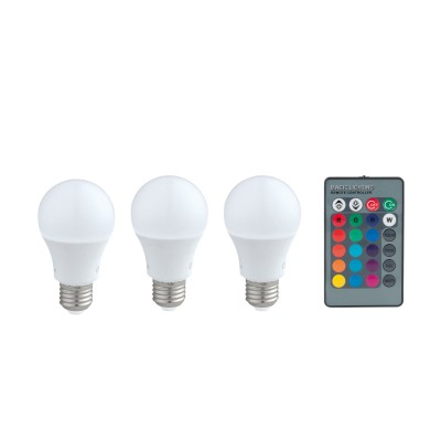 Eglo 10681 Лампа светодиодная диммируемая RGB с пультом упр-я A60, 3х7,5W (E27), 3000K, 470lm, Eglo 10681 Лампа светодиодная диммируемая RGB с пультом упр-я A60, 3х7,5W (E27), 3000K, 470lm,Диммируемые<br><br><br>Цветовая t, К: 3000<br>Тип лампы: LED<br>Тип цоколя: E27<br>MAX мощность ламп, Вт: 7.5<br>Диаметр, мм мм: 60<br>Высота, мм: 110