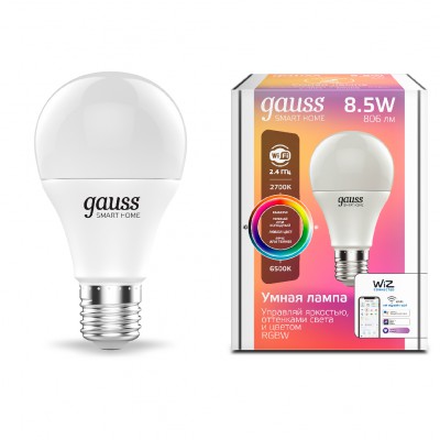 Лампа Gauss Smart Home A60 8,5W 806lm 2700-6500К E27 RGBW+изм.цвет.темп.+диммирование LED (1170112), 1170112
Лампа Gauss Smart Home A60 8,5W 806lm 2700-6500К E27 RGBW+изм.цвет.темп.+диммирование LED (1170112), 1170112