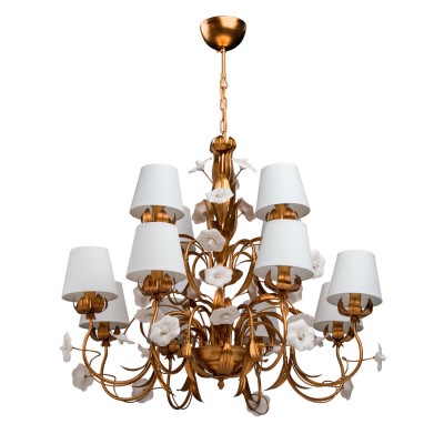 Люстра Chiaro 282010712 Сицилия Люстра Chiaro 282010712 СицилияПодвесные<br>Описание модели 282010712: Грациозность и идеальные пропорции светильника из коллекции Сицилия сочетают в себе европейский классический стиль и итальянские романтические мотивы! Плавные линии металлического основания декорированого под цвет античного золота создают изящную растительную композицию с крупными глянцевыми цветами из фарфора. Тканевые плафоны нежного молочного цвета в сдержанном классическом стиле завершают оригинальный световой шедевр под названием Сицилия.<br><br>Установка на натяжной потолок: Да<br>S освещ. до, м2: 24<br>Крепление: Крюк<br>Тип лампы: накаливания / энергосбережения / LED-светодиодная<br>Тип цоколя: E14<br>Количество ламп: 12<br>MAX мощность ламп, Вт: 40<br>Диаметр, мм мм: 900<br>Длина цепи/провода, мм: 350<br>Высота, мм: 1300