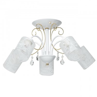 Люстра Mw light 297012305 Мечта Люстра Mw light 297012305 МечтаПотолочные<br>Описание модели 297012305: Нарядный потолочный светильник из коллекции Мечта привлекает внимание своим праздничным дизайном. Люстра замечательно дополнит интерьер комнаты в современном стиле. Металлическая арматура окрашена в белый цвет и имеет декоративные элементы из металла золотого оттенка, на которых сияют хрустальные подвески. Стеклянные плафоны украшены белым узором, который напоминает морозный иней на зимнем стекле. Волшебный образ светильника из коллекции Мечта привнесёт романтики в интерьер и осветит пространство около 15 кв.м.<br><br>Установка на натяжной потолок: Да<br>S освещ. до, м2: 15<br>Крепление: Планка<br>Тип лампы: Накаливания / энергосбережения / светодиодная<br>Тип цоколя: E14<br>Количество ламп: 5<br>MAX мощность ламп, Вт: 60<br>Диаметр, мм мм: 600<br>Высота, мм: 300<br>Поверхность арматуры: глянцевый<br>Цвет арматуры: белый с золотистой патиной<br>Общая мощность, Вт: 300