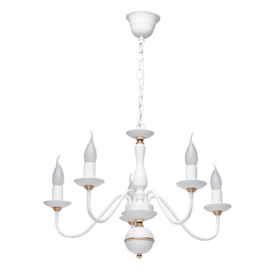 Люстра De markt 301018705 Свеча Люстра De markt 301018705 СвечаПодвесные<br>Описание модели 301018705: Тонкие и легкие светильники «Свеча» очаровывают простотой и практичностью дизайна. Гладкое металлическое основание окрашено в матовый белый цвет и представляет собой геометрически строго изогнутые рожки, поддерживающие оригинальные лампы-свечи из матового стекла. Минималистичный декор светильников представлен золотым окрашиванием элементов чаш и креплений. «Свеча» идеально подходит как для основного, так и для зонального освещения.<br><br>Установка на натяжной потолок: Да<br>S освещ. до, м2: 15<br>Рекомендуемые колбы ламп: Свеча на ветру<br>Крепление: Крюк<br>Тип лампы: Накаливания / энергосбережения / светодиодная<br>Тип цоколя: E14<br>Количество ламп: 5<br>MAX мощность ламп, Вт: 60<br>Диаметр, мм мм: 520<br>Длина цепи/провода, мм: 200<br>Высота, мм: 730<br>Поверхность арматуры: матовый,глянцевый<br>Оттенок (цвет): белый<br>Цвет арматуры: белый с золотистой патиной<br>Общая мощность, Вт: 300