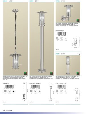 Eglo LISIO 30184 светильник уличный Eglo LISIO 30184 светильник уличныйНастенные<br>Обеспечение качественного уличного освещения – важная задача для владельцев коттеджей. Компания «Светодом» предлагает современные светильники, которые порадуют Вас отличным исполнением. В нашем каталоге представлена продукция известных производителей, пользующихся популярностью благодаря высокому качеству выпускаемых товаров. Уличный светильник Eglo 30184 не просто обеспечит качественное освещение, но и станет украшением Вашего участка. Модель выполнена из современных материалов и имеет влагозащитный корпус, благодаря которому ей не страшны осадки. Купить уличный светильник Eglo 30184, представленный в нашем каталоге, можно с помощью онлайн-формы для заказа. Чтобы задать имеющиеся вопросы, звоните нам по указанным телефонам. Мы доставим Ваш заказ не только в Москву и Екатеринбург, но и другие города.<br><br>Тип лампы: накаливания / энергосбережения / LED-светодиодная<br>Тип цоколя: E27<br>MAX мощность ламп, Вт: 60<br>Длина, мм: 175<br>Расстояние от стены, мм: 225<br>Высота, мм: 300<br>Оттенок (цвет): прозрачный<br>Цвет арматуры: серебристый<br>Общая мощность, Вт: 2
