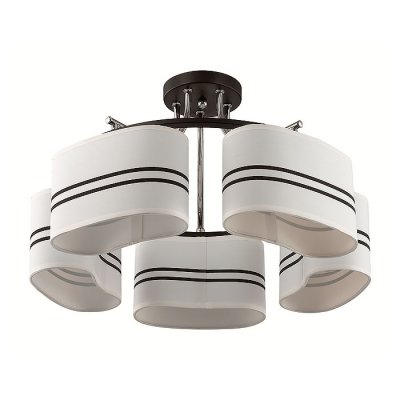 Люстра потолочная Lumion 3056/5C IVARA Люстра потолочная Lumion 3056/5C IVARAПотолочные<br>Что нам известно о данной модели: Люстра потолочная 3056/5C серии Ivara оформлена в современном стиле. Люстра состоит из объемных белых тканевых абажуров, декорированных черной полоской и арматуры цветов венге и хром. Стильное сочетание цветов данной модели еще раз доказывает, что элегантность в простоте. Цоколь E27. Мощность 5x40W. Нет ламп в комплекте.<br><br>Установка на натяжной потолок: Да<br>S освещ. до, м2: 10<br>Крепление: Потолочное<br>Тип лампы: накаливания / энергосбережения / LED-светодиодная<br>Тип цоколя: E27<br>Количество ламп: 5<br>Ширина, мм: 510<br>MAX мощность ламп, Вт: 40<br>Диаметр, мм мм: 510<br>Длина, мм: 510<br>Высота, мм: 300<br>Цвет арматуры: коричневый