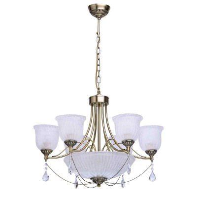 Люстра Mw light 317013408 Афродита Люстра Mw light 317013408 АфродитаПодвесные<br>Описание модели 317013408: Люстра из коллекции «Афродита» - идеальное дополнение аристократичного интерьера. Металлическое основание цвета античной бронзы, изящные рожки подчеркнуты стеклянными плафонами с эффектом сахарной крошки и по-царски грациозной чашей в центральной части светильника. Люстра декорирована крупными хрустальными подвесами и металлическими цепочками в цвет основания, собранными в центре композиции. Модель обеспечивает мягкое распределение света и имеет высокие параметры освещенности порядка 24 кв.м.<br><br>Установка на натяжной потолок: Да<br>S освещ. до, м2: 24<br>Крепление: Крюк<br>Тип лампы: Накаливания / энергосбережения / светодиодная<br>Тип цоколя: E27/E14<br>Количество ламп: 2 и 6<br>MAX мощность ламп, Вт: 60<br>Диаметр, мм мм: 640<br>Длина цепи/провода, мм: 280<br>Высота, мм: 1000<br>Цвет арматуры: бронзовый