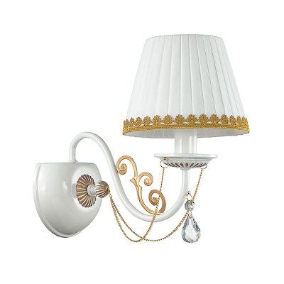 Настенный светильник бра Lumion 3202/1W DOMINGA Настенный светильник бра Lumion 3202/1W DOMINGAКлассические<br>Бра 3202/1W серии Dominga оформлена в классическом стиле. Светильник состоит из абажура из органзы с ажурной тесьмой и белой арматуры, украшенной золотыми металлическими элементами, а также цепочками и подвесками из хрусталя. Данная модель привнесет нарядность и праздничность в каждый дом. Цоколь E14. Мощность 1x40W. Нет ламп в комплекте.<br><br>Крепление: Настенное<br>Тип лампы: накаливания / энергосбережения / LED-светодиодная<br>Тип цоколя: E14<br>Количество ламп: 1<br>Ширина, мм: 160<br>MAX мощность ламп, Вт: 40<br>Диаметр, мм мм: 290<br>Длина, мм: 290<br>Высота, мм: 260<br>Цвет арматуры: белый с патиной