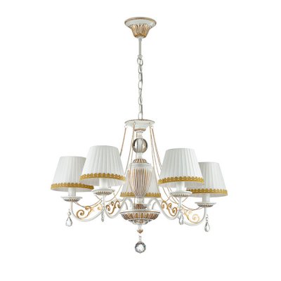 Люстра подвесная Lumion 3202/5 DOMINGA Люстра подвесная Lumion 3202/5 DOMINGAПодвесные<br>Что нам известно о данной модели: Люстра 3202/5 серии Dominga оформлена в классическом стиле. Люстра состоит из абажуров из органзы с ажурной тесьмой и белой с золотом арматуры, украшенной золотыми металлическими элементами, а также цепочками и хрустальными подвесками. Данная модель привнесет нарядность и праздничность в каждый дом. Цоколь E14. Мощность 5x40W. Нет ламп в комплекте.<br><br>S освещ. до, м2: 10<br>Крепление: Потолочное<br>Тип лампы: накаливания / энергосбережения / LED-светодиодная<br>Тип цоколя: E14<br>Количество ламп: 5<br>Ширина, мм: 680<br>MAX мощность ламп, Вт: 40<br>Диаметр, мм мм: 680<br>Длина, мм: 680<br>Высота, мм: 850<br>Цвет арматуры: белый