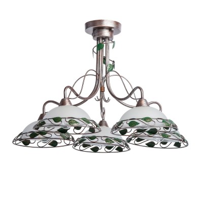 Люстра Mw light 323014905 Аида Люстра Mw light 323014905 АидаПотолочные<br>Описание модели 323014905: По-домашнему уютная и красивая люстра Аида стиля Кантри украсит интерьер нарядной кухни, небольшой гостиной или столовой. Особенно гармонично она будет смотреться в интерьере, где использованы кованые декоративные элементы, тканевый декор и деревянная мебель. Металлическое кованое основание изготовлено вручную и окрашено в цвет кофе с серебряным патинированием. Широкие плафоны округлой формы изготовлены из стекла с металлической ажурной каймой растительного узора. Люстра позволит осветить помещение до 16 кв.м<br><br>Установка на натяжной потолок: Да<br>S освещ. до, м2: 15<br>Крепление: Планка<br>Тип лампы: накаливания / энергосбережения / LED-светодиодная<br>Тип цоколя: E14<br>Количество ламп: 5<br>MAX мощность ламп, Вт: 60<br>Диаметр, мм мм: 720<br>Высота, мм: 450<br>Поверхность арматуры: матовый<br>Цвет арматуры: серебристый<br>Общая мощность, Вт: 300