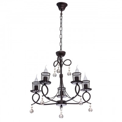 Светильник De Markt 323015505 Светильник De Markt 323015505Подвесные<br>323015505 - это Необычная люстра из коллекции Аида сочетает в себе готическую романтичность и классическую красоту. Она выполнена в стиле легкой ковки. Матовое металлическое основание насыщенного кофейного оттенка гармонично сочетается с оригинально расположенными рожками и фигурами розетками. В качестве источников света выступают свечи, каждую из которых окутывает плафон из метализированной сетки. Особый шарм светильнику придают подвесы из хрустального стекла цвета шампань.<br><br>Установка на натяжной потолок: Да<br>S освещ. до, м2: 15<br>Тип лампы: накаливания / энергосбережения / LED-светодиодная<br>Тип цоколя: E14<br>Цвет арматуры: черный<br>Количество ламп: 5<br>Диаметр, мм мм: 540<br>Длина цепи/провода, мм: 340<br>Высота, мм: 950<br>MAX мощность ламп, Вт: 60