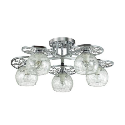 Люстра потолочная Lumion 3233/5C LUNETT Люстра потолочная Lumion 3233/5C LUNETTПотолочные<br>Что нам известно о данной модели: Люстра потолочная 3233/5C серии Lunett оформлена в современном стиле. Светильник состоит из стеклянных плафонов с эффектом потресковшегося стекла и хромовой арматуры, украшенной резными элементами. Данная модель имеет оригинальный дизайн, который очень привлекательно смотрится на потолке. Цоколь E14. Мощность 5x40W. Нет ламп в комплекте.<br><br>S освещ. до, м2: 10<br>Крепление: Потолочное<br>Тип лампы: накаливания / энергосбережения / LED-светодиодная<br>Тип цоколя: E14<br>Количество ламп: 5<br>Ширина, мм: 550<br>MAX мощность ламп, Вт: 40<br>Диаметр, мм мм: 550<br>Длина, мм: 550<br>Высота, мм: 230<br>Цвет арматуры: серебристый хром