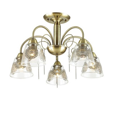 Светильник Lumion 3289/5C Светильник Lumion 3289/5CПотолочные<br>Яркий, чистый сиящий цвет полированный бронзы в сочетании со стеклянным плафоном с утонченным металлическим декором привнесет уют в любое помещение.<br><br>Установка на натяжной потолок: Да<br>S освещ. до, м2: 10<br>Крепление: Потолочное<br>Тип лампы: Накаливания / энергосбережения / светодиодная<br>Тип цоколя: E27<br>Количество ламп: 5<br>MAX мощность ламп, Вт: 40<br>Диаметр, мм мм: 550<br>Высота, мм: 390