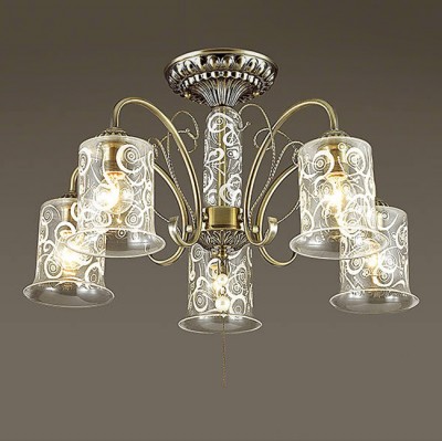 Светильник Lumion 3290/5C Светильник Lumion 3290/5CПотолочные<br>Белый абстрактный орнамент словно морозный узор на стекле создаст эффектное кружево. Серия выполнена в цвете бронза, компактна по высоте, оригинальна по дизайну.<br><br>Установка на натяжной потолок: Да<br>S освещ. до, м2: 15<br>Крепление: Потолочное<br>Тип лампы: Накаливания / энергосбережения / светодиодная<br>Тип цоколя: E14<br>Количество ламп: 5<br>Диаметр, мм мм: 550<br>Высота, мм: 420<br>MAX мощность ламп, Вт: 60