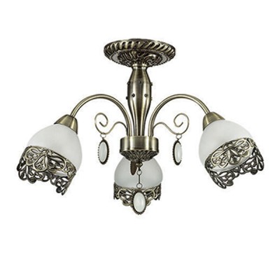 Светильник Lumion 3461/3C Светильник Lumion 3461/3CПотолочные<br>Утонченная ажурная металлическая окантовка на белом матовом плафоне в сочетании с основанием в цвете бронза создает очень нежный и грациозный образ люстры. Особенно интересным является использование оригинальной подвески, напоминающей камень опал в металлическом обрамлении.<br><br>Установка на натяжной потолок: Да<br>S освещ. до, м2: 6<br>Крепление: Потолочное<br>Тип лампы: Накаливания / энергосбережения / светодиодная<br>Тип цоколя: E14<br>Количество ламп: 3<br>Диаметр, мм мм: 600<br>Высота, мм: 340<br>MAX мощность ламп, Вт: 40