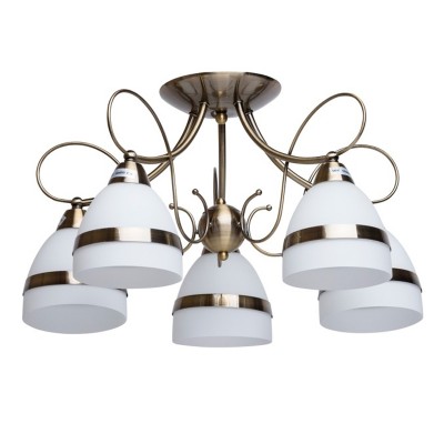 Люстра De markt 347018105 Фелиция Люстра De markt 347018105 ФелицияПотолочные<br>Описание модели 347018105: Изящная люстра из коллекции «Фелиция» освежит обстановку комнаты. Её металлическое основание выполнено в двух цветовых вариациях: цвета матированной античной бронзы и глянцевого оттенка хрома. В тон основанию декор матово-белых плафонов, выполненный в форме металлических колец. Помимо этого люстра декорирована витыми элементами из металла. Площадь освещения порядка 10 кв.м.<br><br>Установка на натяжной потолок: Да<br>S освещ. до, м2: 10<br>Крепление: Планка<br>Тип лампы: Накаливания / энергосбережения / светодиодная<br>Тип цоколя: E14<br>Количество ламп: 5<br>MAX мощность ламп, Вт: 40<br>Диаметр, мм мм: 500<br>Высота, мм: 300<br>Цвет арматуры: бронзовый