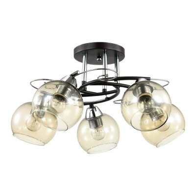 Люстра потолочная Lumion 3507/5C MELEFA Люстра потолочная Lumion 3507/5C MELEFAПотолочные<br>Серия Melefa выполнена с контрастным сочетанием блестящего холодного хрома и темного цвета венге, который идеально впишется в такие стили интерьера, как техно, хай-тек и индастриал. Светильник украшают круглые плафоны из стекла с эффектным бронзовым оттенком<br><br>S освещ. до, м2: 15<br>Тип лампы: Накаливания / энергосбережения / светодиодная<br>Тип цоколя: E27<br>Количество ламп: 5<br>MAX мощность ламп, Вт: 60<br>Диаметр, мм мм: 590<br>Высота, мм: 252<br>Оттенок (цвет): серебристный хром / венге