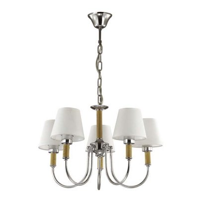 Люстра Lumion 3515/5 NOBILENA Люстра Lumion 3515/5 NOBILENAПодвесные<br>Простота и лаконичность формы серии Nobilena делают ее гармоничным дополнением интерьеров в стиле минимализм, модерн и даже кантри. Основание металлическое, окрашенное в хромовый цвет, светильник украшен металлическим декором, имитирующим дерево, абажуры выполнены из белой натуральной ткани. Светильники этой серии - это воплощение простоты и отменного вкуса<br><br>S освещ. до, м2: 15<br>Тип лампы: Накаливания / энергосбережения / светодиодная<br>Тип цоколя: E14<br>Количество ламп: 5<br>MAX мощность ламп, Вт: 60<br>Диаметр, мм мм: 650<br>Высота, мм: 395 - 1000<br>Оттенок (цвет): серебристный хром