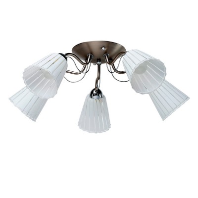 Люстра De markt 356016505 Нежность Люстра De markt 356016505 НежностьПотолочные<br>Описание модели 356016505: Мягкость линий и минималистичный декор в люстре Нежность создаёт приятные очертания универсального светильника для современного жилища. Удобное расположение стеклянных матовых плафонов с прозрачным полосатым рисунком позволяет максимально осветить пространство! Светильник отлично подойдет для помещений со стандартными потолками.<br><br>Установка на натяжной потолок: Да<br>S освещ. до, м2: 15<br>Крепление: Планка<br>Тип лампы: Накаливания / энергосбережения / светодиодная<br>Тип цоколя: E14<br>Количество ламп: 5<br>MAX мощность ламп, Вт: 60<br>Диаметр, мм мм: 700<br>Высота, мм: 300<br>Цвет арматуры: бронзовый