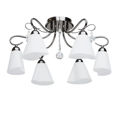 Люстра Mw light 356017406 Нежность Люстра Mw light 356017406 НежностьПотолочные<br>Описание модели 356017406: Любителям необычных композиций и оригинальных очертаний понравится люстра из коллекции «Нежность». Основание светильника сделано из металла цвета никеля. Главной изюминкой являются плафоны. Их экзотическая фантазийная форма придаёт люстре особый шарм. Изготовлены они из стекла, внутреннее покрытие белого оттенка. Такое цветовое решение идеально гармонирует с основанием, создавая удачный тандем, прекрасно выписывающийся в интерьер комнаты. Декоративные элементы из хрусталя, украшающие светильник, придают особый шик и элегантность. Рекомендуемая площадь освещения порядка 24 кв.м.<br><br>Установка на натяжной потолок: Да<br>S освещ. до, м2: 18<br>Крепление: Планка<br>Тип лампы: накаливания / энергосберегающая / светодиодная<br>Тип цоколя: E14<br>Количество ламп: 6<br>MAX мощность ламп, Вт: 60<br>Диаметр, мм мм: 540<br>Высота, мм: 290<br>Поверхность арматуры: матовый<br>Цвет арматуры: серый<br>Общая мощность, Вт: 360
