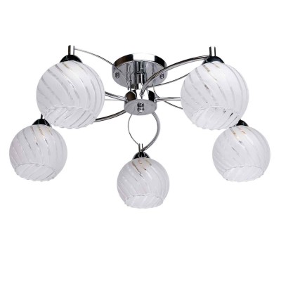 Люстра De markt 358018005 Грация Люстра De markt 358018005 ГрацияПотолочные<br>Описание модели 358018005: Отличная люстра в минималистичном стиле из коллекции «Грация» впишется практически в любой современный интерьер. Основание выполнено в двух цветовых решениях: оттенок хрома и цвета французского золота. Необычные двойные рожки, напоминающие лепестки, плавно переходят в рельефные плафоны из стекла с полосатым рисунком, который подчеркивает гармоничную округлую форму плафона и делает его более объемным. Люстра идеальна для стандартных потолков, площадь освещения порядка 15 кв.м.<br><br>Установка на натяжной потолок: Да<br>S освещ. до, м2: 15<br>Крепление: Планка<br>Тип лампы: Накаливания / энергосбережения / светодиодная<br>Тип цоколя: E27<br>Количество ламп: 5<br>MAX мощность ламп, Вт: 60<br>Диаметр, мм мм: 600<br>Высота, мм: 250<br>Цвет арматуры: серебристый