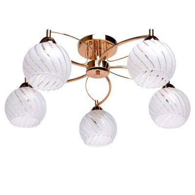 Люстра De markt 358018105 Грация Люстра De markt 358018105 ГрацияПотолочные<br>Описание модели 358018105: Отличная люстра в минималистичном стиле из коллекции «Грация» впишется практически в любой современный интерьер. Основание выполнено в двух цветовых решениях: оттенок хрома и цвета французского золота. Необычные двойные рожки, напоминающие лепестки, плавно переходят в рельефные плафоны из стекла с полосатым рисунком, который подчеркивает гармоничную округлую форму плафона и делает его более объемным. Люстра идеальна для стандартных потолков, площадь освещения порядка 15 кв.м.<br><br>Установка на натяжной потолок: Да<br>S освещ. до, м2: 15<br>Крепление: Планка<br>Тип лампы: Накаливания / энергосбережения / светодиодная<br>Тип цоколя: E27<br>Цвет арматуры: золотой<br>Количество ламп: 5<br>Диаметр, мм мм: 600<br>Высота, мм: 250<br>MAX мощность ламп, Вт: 60