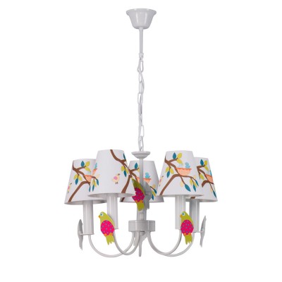 Люстра для детской Mw light 365014305 Улыбка Люстра для детской Mw light 365014305 УлыбкаПодвесные<br>Описание модели 365014305: Яркий и красочный светильник выполнен специально для освещения и украшения детской комнаты. Светильник изготовлен из высококачественных материалов, с учётом всех необходимых мер безопасности. Привлекающий внимание рисунок на светильнике сразу понравится ребёнку и станет центральным элементом декора, а симпатичные разноцветные воробьи создадут в детской комнате непринужденную атмосферу игры и сказки.<br><br>Установка на натяжной потолок: Да<br>S освещ. до, м2: 10<br>Крепление: Крюк<br>Тип лампы: накаливания / энергосбережения / LED-светодиодная<br>Тип цоколя: E14<br>Количество ламп: 5<br>MAX мощность ламп, Вт: 40<br>Диаметр, мм мм: 430<br>Длина цепи/провода, мм: 670<br>Высота, мм: 990<br>Цвет арматуры: белый<br>Общая мощность, Вт: 200