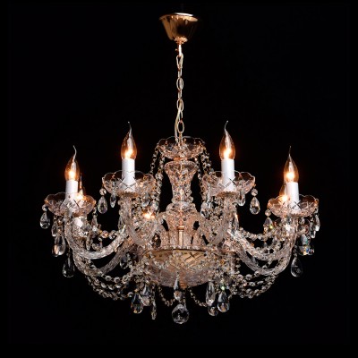 Люстра Mw light 367012708 Каролина Люстра Mw light 367012708 КаролинаПодвесные<br>Описание модели 367012708: Люстра из коллекции «Каролина» восхищает своим блеском и великолепием. Основание выполнено из металла цвета французского золота. Изящно изогнутые рожки светильника декорированы витым стеклом, а чаши и декоративные элементы также выполнены из прозрачного рельефного стекла. Финальный штрих композиции – россыпь хрустальных подвесок. Это по-настоящему праздничная люстра, её сияние создает необыкновенную, живую игру света, который преломляется в гранях стекла и хрусталя. Рекомендуемая площадь освещения порядка 24 кв.м.<br><br>Установка на натяжной потолок: Да<br>S освещ. до, м2: 24<br>Крепление: Крюк<br>Тип лампы: Накаливания / энергосбережения / светодиодная<br>Тип цоколя: E14<br>Количество ламп: 8<br>MAX мощность ламп, Вт: 60<br>Диаметр, мм мм: 700<br>Длина цепи/провода, мм: 200<br>Высота, мм: 850<br>Цвет арматуры: золотой<br>Общая мощность, Вт: 480