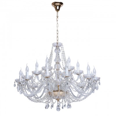 Люстра Mw light 367012918 Каролина Люстра Mw light 367012918 КаролинаПодвесные<br>Описание модели 367012918: Люстра из коллекции «Каролина» восхищает своим блеском и великолепием. Основание выполнено из металла цвета французского золота. Изящно изогнутые рожки светильника декорированы витым стеклом, а чаши и декоративные элементы также выполнены из прозрачного рельефного стекла. Финальный штрих композиции – россыпь хрустальных подвесок. Это по-настоящему праздничная люстра, её сияние создает необыкновенную, живую игру света, который преломляется в гранях стекла и хрусталя. Рекомендуемая площадь освещения порядка 54 кв.м.<br><br>Установка на натяжной потолок: Да<br>S освещ. до, м2: 54<br>Крепление: Крюк<br>Тип лампы: Накаливания / энергосбережения / светодиодная<br>Тип цоколя: E14<br>Количество ламп: 18<br>MAX мощность ламп, Вт: 60<br>Диаметр, мм мм: 970<br>Длина цепи/провода, мм: 250<br>Высота, мм: 1250<br>Цвет арматуры: золотой<br>Общая мощность, Вт: 1080