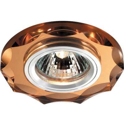 Novotech MIRROR 369763 Встраиваемый светильник Novotech MIRROR 369763 Встраиваемый светильникКруглые<br>Декоративный встраиваемый светильник модели Novotech 369763 из серии MIRROR отличается следующим качеством: Основание светильника сделано из алюминия. Это лёгкий металл, основными достоинствами которого являются — устойчивость к практически всем видам негативного воздействия окружающей среды, коррозии, небольшой вес, по сравнению с другими видами металла и экологическая безопасность материала. Декоративный плафон произведен из хрусталя. Он обладает высоким показателем плотности, прозрачности и блеска. Благодаря содержанию свинца (не менее 30%) и определённому подбору углов, образуемых гранями, изделия из хрусталя отличаются необыкновенно яркой, многоцветной игрой света, чарующей магией красоты, совершенства и роскоши.<br><br>S освещ. до, м2: 2<br>Тип лампы: галогенная<br>Тип цоколя: GU5.3 (MR16)<br>MAX мощность ламп, Вт: 50<br>Диаметр, мм мм: 95<br>Диаметр врезного отверстия, мм: 68<br>Расстояние от стены, мм: 10<br>Высота, мм: 25<br>Оттенок (цвет): янтарный<br>Цвет арматуры: серебристый