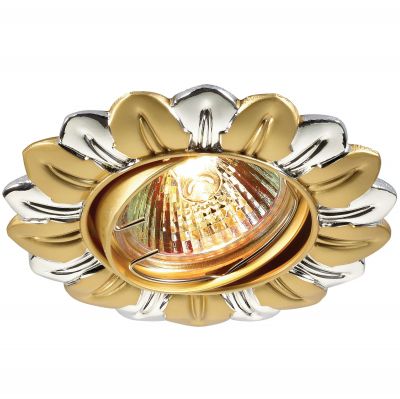 Novotech FLOWER 369819 Точечный встраиваемый светильник Novotech FLOWER 369819 Точечный встраиваемый светильникКруглые<br>Стандартный встраиваемый поворотный светильник модели Novotech 369819 из серии FLOWER отличается следующим качеством: Светильник сделан из алюминиевого литья. Это сплав, основными достоинствами которого являются — устойчивость к практически всем видам негативного воздействия окружающей среды, коррозии, небольшой вес, по сравнению с другими видами металла и экологическая безопасность материала. Простота монтажа. Экономичность. Надёжность. Большой срок службы. Возможность реализации оригинальных дизайнерских решений за счет гибкости и небольшой толщины. Срок службы светодиодов - 25000 часов. !!!Предупреждение: Ленту запрещается резать, чтобы не нарушать герметичность конструкции. В комплект не входит элемент питания.<br><br>S освещ. до, м2: 2<br>Тип лампы: галогенная<br>Тип цоколя: GU5.3 (MR16)<br>MAX мощность ламп, Вт: 50<br>Диаметр, мм мм: 102<br>Диаметр врезного отверстия, мм: 80<br>Расстояние от стены, мм: 2<br>Высота, мм: 57<br>Оттенок (цвет): золото<br>Цвет арматуры: серебристый