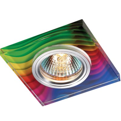Novotech RAINBOW 369916 Встраиваемый светильник Novotech RAINBOW 369916 Встраиваемый светильникКвадратные<br>Декоративный встраиваемый светильник модели Novotech 369916 из серии RAINBOW отличается следующим качеством: Основание светильника – алюминий. Это лёгкий металл, основными достоинствами которого являются — устойчивость к практически всем видам негативного воздействия окружающей среды, коррозии, небольшой вес, по сравнению с другими видами металла и экологическая безопасность материала. Декоративный красочный плафон произведен из стекла. Стекло экологично, не тускнеет и не меняет своего оттенка со временем, не покрывается некрасивым налетом и легко выдерживает перепады температур.<br><br>S освещ. до, м2: 3<br>Тип лампы: галогенная<br>Тип цоколя: GU5.3 (MR16)<br>Количество ламп: 1<br>MAX мощность ламп, Вт: 50<br>Диаметр, мм мм: 90<br>Диаметр врезного отверстия, мм: 65
