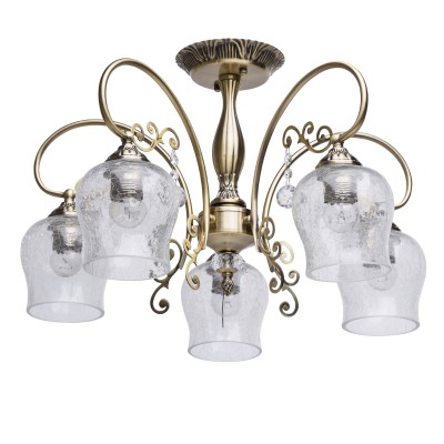 Люстра потолочная Mw light 372011705 Моника Люстра потолочная Mw light 372011705 МоникаПотолочные<br>Аристократичная величественность, праздничная торжественность - всё это в роскошной люстре из коллекции «Моника», выполненной в стиле легкой ковки. Металлическое основание окрашено в цвет благородной античной бронзы и прекрасно гармонирует с плафонами из массивного льдистого стекла. В центральной части - декоративный элемент из хрусталя, и хрустальные подвесы на рожках светильника создают сияющую игру света. Патрон светильника декорирован с помощью металлической гайки в цвет арматуры. Рекомендуемая площадь освещения порядка 15 кв.м<br><br>Установка на натяжной потолок: Да<br>S освещ. до, м2: 15<br>Крепление: Планка<br>Тип лампы: Накаливания / энергосбережения / светодиодная<br>Тип цоколя: E27<br>Цвет арматуры: бронзовый<br>Количество ламп: 5<br>Диаметр, мм мм: 550<br>Высота, мм: 360<br>MAX мощность ламп, Вт: 60<br>Общая мощность, Вт: 300