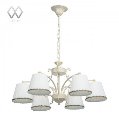 Люстра Mw light 372012206 Моника Люстра Mw light 372012206 МоникаПодвесные<br>Описание модели 372012206: Нежный светильник «Моника», выполненный в теплых бежевых оттенках, добавит любому интерьеру гармонии и комфорта. Металлическое основание цвета слоновой кости, атласные абажуры в тон имеют лаконичную форму, декорированы по нижнему краю золотистой тесьмой и ориентированы вниз, что важно для более широкого освещения комнаты. Длина подвеса регулируется. Люстра в комплекте с бра, выполненные в одном дизайне, органично впишутся в современный интерьер и решат вопрос комплексного освещения.<br><br>Установка на натяжной потолок: Да<br>S освещ. до, м2: 12<br>Крепление: Крюк<br>Тип лампы: Накаливания / энергосбережения / светодиодная<br>Тип цоколя: E14<br>Количество ламп: 6<br>MAX мощность ламп, Вт: 40<br>Диаметр, мм мм: 670<br>Длина цепи/провода, мм: 270<br>Высота, мм: 680<br>Цвет арматуры: белый с золотистой патиной