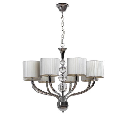 Люстра Mw light 379011508 Федерика02 Люстра Mw light 379011508 Федерика02Подвесные<br>Описание модели 379011508: Оригинальная форма и цветовое решение люстры и бра из коллекции «Федерика» придутся как нельзя кстати в любом современном интерьере. Основание окрашено в цвет хрома и делится на рожки, поддерживающие абажуры. Сами абажуры выполнены в строго цилиндрической форме, а текстиль цвета серебра имеет в фактуре вертикальные линии. Светильник идеально подходит для просторных гостиных и позволяет создать комплексное освещение пространства в сочетании с бра из этой же коллекции.<br><br>Установка на натяжной потолок: Да<br>S освещ. до, м2: 24<br>Крепление: Крюк<br>Тип лампы: накал-я - энергосбер-я<br>Тип цоколя: E14<br>Количество ламп: 8<br>MAX мощность ламп, Вт: 60<br>Диаметр, мм мм: 750<br>Длина цепи/провода, мм: 700<br>Высота, мм: 1450<br>Цвет арматуры: серебристый<br>Общая мощность, Вт: 480