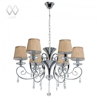 Люстра Mw light 379018306 Федерика02 Люстра Mw light 379018306 Федерика02Подвесные<br>«Федерика» оживит пространство гостиной, спальни или кухни. Эта люстра с золотисто-кремовыми абажурами из ткани придаст помещению особенную атмосферу, подчеркнет пастельные тона в интерьере и придаст ему завершенный вид. Лаконичность хромированного основания гармонирует с ненавязчивой изысканностью хрустальных декоративных элементов. Тонкие прозрачные подвесы и чаши будто сделаны изо льда, но приобретают теплое сияние от рассеянного света ламп.<br><br>Установка на натяжной потолок: Да<br>S освещ. до, м2: 18<br>Крепление: Крюк<br>Тип лампы: накаливания / энергосбережения / LED-светодиодная<br>Тип цоколя: E14<br>Количество ламп: 6<br>MAX мощность ламп, Вт: 60<br>Диаметр, мм мм: 800<br>Длина цепи/провода, мм: 350<br>Высота, мм: 1040