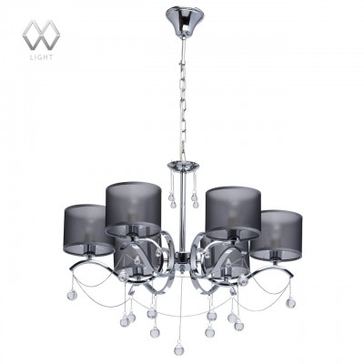 Люстра Mw light 379019006 Федерика Люстра Mw light 379019006 ФедерикаПодвесные<br>Описание модели 379019006: Грациозная и царственно-красивая люстра из коллекции «Федерика» поражает воображение. Её хромированное металлическое основание гармонично дополнено изящно изогнутыми рожками. Они, в свою очередь, подчеркнуты полупрозрачными текстильными абажурами с эффектом хамелеона. Геометрически точная цилиндрическая форма и глубокий серый цвет, несмотря на кажущуюся простоту, смотрятся очень элегантно, а кант серого цвета делает их ещё более эффектными. Но главное украшение светильника – подвески из прозрачного стекла в виде капель на тонких цепочках. Они придают ему подлинную утончённость.<br><br>Установка на натяжной потолок: Да<br>S освещ. до, м2: 12<br>Крепление: Крюк<br>Тип лампы: Накаливания / энергосбережения / светодиодная<br>Тип цоколя: E14<br>Количество ламп: 8<br>MAX мощность ламп, Вт: 40<br>Диаметр, мм мм: 740<br>Длина цепи/провода, мм: 290<br>Высота, мм: 760<br>Цвет арматуры: серебристый
