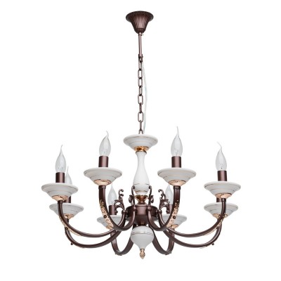 Люстра Mw light 381011608 Нимфа Люстра Mw light 381011608 НимфаПодвесные<br>Описание модели 381011608: Элегантная классика, плавные линии, продуманные до мелочей детали – всё это есть в люстре из коллекции «Нимфа», которая привлекает своим торжественным, величавым дизайном. Изюминкой светильника является эффектное цветовое сочетание – контрастный цвет темного шоколада арматуры и ослепительно белые керамические розетки и декоративные детали основания . Этот дуэт принесет в обстановку нотку гламурной роскоши. Основание сделано из металла и декорировано причудливыми узорами. Люстра подойдёт для кухни, столовой, холла, идеальна для стандартных потолков. Площадь освещения порядка 24 кв.м.<br><br>Установка на натяжной потолок: Да<br>S освещ. до, м2: 24<br>Рекомендуемые колбы ламп: свеча / свеча на ветру<br>Крепление: Крюк<br>Тип лампы: Накаливания / энергосбережения / светодиодная<br>Тип цоколя: E14<br>Количество ламп: 8<br>MAX мощность ламп, Вт: 60<br>Диаметр, мм мм: 640<br>Длина цепи/провода, мм: 250<br>Высота, мм: 880<br>Поверхность арматуры: матовый,глянцевый<br>Цвет арматуры: белый с золотистой патиной<br>Общая мощность, Вт: 480