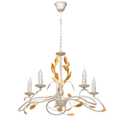 Люстра Mw light 422011405 Роса Люстра Mw light 422011405 РосаПодвесные<br>Описание модели 422011405: Удивительный, экзотичный дизайн люстры из коллекции «Роса» поражает воображение. Переплетения основания, изящно изогнутые рожки, декоративные растительные элементы - всё это гармонично украшает светильник. Металлическое основание окрашено в светло-бежевый цвет с эффектом патины, что внесет в обстановку легкое ощущение благородной старины. Цвет основания благозвучно сочетается с золотым декором. Кроме того, люстра интересна открытыми источниками освещения в виде свечей. Во включенном виде в вечернее или ночное время светильник приобретает ещё более причудливые, сказочные очертания. Рекомендуемая площадь освещения порядка 24 кв.м.<br><br>Установка на натяжной потолок: Да<br>S освещ. до, м2: 15<br>Крепление: Крюк<br>Тип лампы: накаливания / энергосбережения / LED-светодиодная<br>Тип цоколя: E14<br>Количество ламп: 5<br>MAX мощность ламп, Вт: 60<br>Диаметр, мм мм: 660<br>Длина цепи/провода, мм: 240<br>Высота, мм: 890<br>Цвет арматуры: белый<br>Общая мощность, Вт: 300