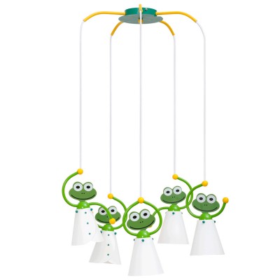 Люстра для детской Mw light 430010405 Царевна Люстра для детской Mw light 430010405 ЦаревнаПодвесные<br>Описание модели 430010405: казочные мотивы люстры и бра «Царевна» понравятся детям и взрослым. Забавные танцующие лягушки, закрепленные на разноцветно окрашенном вручную металлическом основании, развеселят, привлекут внимание, помогут развитию воображения ребенка. Светильники коллекции «Царевна» не только интересные, но и практичные – доступна возможность регулировать высоту плафонов-лягушат с помощью длины подвесов. Светильник, игрушка и ночник в одной модели!<br><br>Установка на натяжной потолок: Да<br>S освещ. до, м2: 10<br>Крепление: Планка<br>Тип лампы: накаливания / энергосбережения / LED-светодиодная<br>Тип цоколя: E14<br>Количество ламп: 5<br>MAX мощность ламп, Вт: 40<br>Диаметр, мм мм: 500<br>Длина цепи/провода, мм: 500<br>Высота, мм: 800<br>Поверхность арматуры: матовый<br>Цвет арматуры: зеленый<br>Общая мощность, Вт: 200
