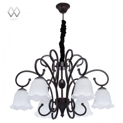 Люстра Mw light 444011206 Вирджиния Люстра Mw light 444011206 ВирджинияПодвесные<br>Описание модели 444011206: Фантазийный флористический дизайн люстры из коллекции «Вирджиния» радует глаз. Выполненный в стиле легкой ковки, светильник выглядит благородно и изящно. Его металлическое основание цвета темного кофе, дополненное эффектом патины цвета золота, удачно подходит к матовым стеклянным плафонам. Их оригинальная форма и рельефный рисунок гармонично смотрятся в сочетании с плавным изгибом рожка.<br><br>Установка на натяжной потолок: Да<br>S освещ. до, м2: 18<br>Крепление: Крюк<br>Тип лампы: Накаливания / энергосбережения / светодиодная<br>Тип цоколя: E27<br>Количество ламп: 6<br>MAX мощность ламп, Вт: 60<br>Диаметр, мм мм: 740<br>Длина цепи/провода, мм: 620<br>Высота, мм: 1340<br>Цвет арматуры: черный