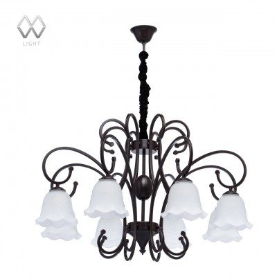 Люстра Mw light 444011308 Вирджиния Люстра Mw light 444011308 ВирджинияПодвесные<br>Описание модели 444011308: Фантазийный флористический дизайн люстры из коллекции «Вирджиния» радует глаз. Выполненный в стиле легкой ковки, светильник выглядит благородно и изящно. Его металлическое основание цвета темного кофе, дополненное эффектом патины цвета золота, удачно подходит к матовым стеклянным плафонам. Их оригинальная форма и рельефный рисунок гармонично смотрятся в сочетании с плавным изгибом рожка.<br><br>Установка на натяжной потолок: Да<br>S освещ. до, м2: 24<br>Крепление: Крюк<br>Тип лампы: Накаливания / энергосбережения / светодиодная<br>Тип цоколя: E27<br>Цвет арматуры: черный<br>Количество ламп: 8<br>Диаметр, мм мм: 920<br>Длина цепи/провода, мм: 620<br>Высота, мм: 1340<br>MAX мощность ламп, Вт: 60