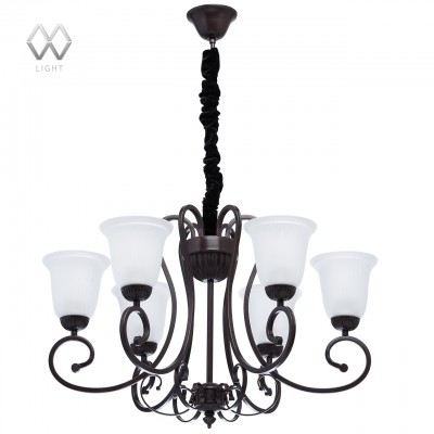 Люстра Mw light 444011506 Вирджиния Люстра Mw light 444011506 ВирджинияПодвесные<br>Описание модели 444011506: Грациозный и изящный светильник из коллекции «Вирджиния» украсит любую обстановку, будь то классический или современный дизайн. Он выполнен в стиле легкой ковки и покоряет мягкими изгибами рожка. Металлическое основание цвета темного кофе с эффектом золотистой патины отлично смотрится в сочетании с матовыми стеклянными плафонами. Их классическая форма с рельефным рисунком подчеркивает элегантность светильника.<br><br>Установка на натяжной потолок: Да<br>S освещ. до, м2: 18<br>Крепление: Крюк<br>Тип лампы: Накаливания / энергосбережения / светодиодная<br>Тип цоколя: E27<br>Количество ламп: 6<br>MAX мощность ламп, Вт: 60<br>Диаметр, мм мм: 740<br>Длина цепи/провода, мм: 620<br>Высота, мм: 1340<br>Цвет арматуры: черный