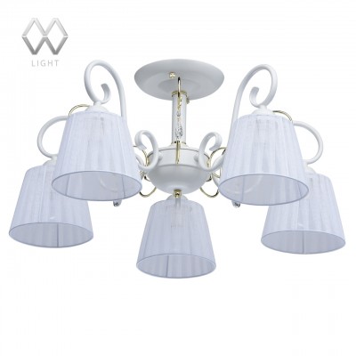 Люстра Mw light 448011205 Виталина Люстра Mw light 448011205 ВиталинаПотолочные<br>Описание модели 448011205: Светильник из коллекции «Виталина» привнесет в обстановку легкость и свежесть благодаря удачному сочетанию форм, фактуры и цвета. Белое основание и рожки выполнены из металла и плавно изогнуты. Под стать им – изящные изгибы металлического декора цвета самородного золота, каждый завиток которого завершается хрустальным подвесом. Дополнительную легкость и элегантность придают светильнику тканевые абажуры из полупрозрачной органзы. Они делают свет мягким и рассеянным, создавая уютную атмосферу.<br><br>Установка на натяжной потолок: Да<br>S освещ. до, м2: 10<br>Крепление: Планка<br>Тип цоколя: E14<br>Количество ламп: 5<br>MAX мощность ламп, Вт: 40<br>Диаметр, мм мм: 580<br>Высота, мм: 290