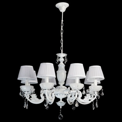 Люстра Mw light 482011108 Селена Люстра Mw light 482011108 СеленаПодвесные<br>Воздушный образ светильника из коллекции Селена манит белизной, блеском хрусталя, и гламуром текстиля! Такая празднично-искристая люстра будет хорошо смотреться в классическом интерьере, интерьерах в стиле модерн или другом элегантном пространстве. Металлическое основание имеет комбинированное сочетание цветов - хрома и белого. Абажур изготовлен из органзы и декорирован плиссированными складками. Крупные и прозрачные, как роса, капли хрусталя играют струями света, украшая светильник из коллекции Селена дополнительными бликами. Рекомендуемая площадь освещения интерьерного пространства составляет для люстры Селена от 10 до 18 кв.м, в зависимости от выбранного типа и количества светильников<br><br>Установка на натяжной потолок: Да<br>S освещ. до, м2: 24<br>Крепление: Крюк<br>Тип лампы: накаливания / энергосберегающая / светодиодная<br>Тип цоколя: E14<br>Количество ламп: 8<br>MAX мощность ламп, Вт: 40<br>Диаметр, мм мм: 800<br>Длина цепи/провода, мм: 250<br>Высота, мм: 900<br>Поверхность арматуры: глянцевый<br>Цвет арматуры: белый<br>Общая мощность, Вт: 320