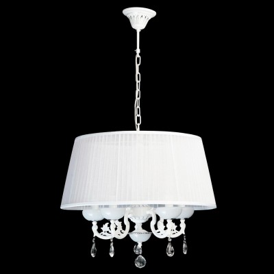 Люстра Mw light 482011305 Селена Люстра Mw light 482011305 СеленаПодвесные<br>Воздушный образ светильника из коллекции Селена манит белизной, блеском хрусталя, и гламуром текстиля! Такая празднично-искристая люстра будет хорошо смотреться в классическом интерьере, интерьерах в стиле модерн или другом элегантном пространстве. Металлическое основание имеет комбинированное сочетание цветов - хрома и белого. Абажур изготовлен из органзы и декорирован плиссированными складками. Крупные и прозрачные, как роса, капли хрусталя играют струями света, украшая светильник из коллекции Селена дополнительными бликами. Рекомендуемая площадь освещения интерьерного пространства составляет для люстры Селена от 10 до 18 кв.м, в зависимости от выбранного типа и количества светильников<br><br>Установка на натяжной потолок: Да<br>S освещ. до, м2: 15<br>Крепление: Крюк<br>Тип лампы: накаливания / энергосберегающая / светодиодная<br>Тип цоколя: E14<br>Количество ламп: 5<br>MAX мощность ламп, Вт: 40<br>Диаметр, мм мм: 550<br>Длина цепи/провода, мм: 250<br>Высота, мм: 900<br>Поверхность арматуры: матовый<br>Цвет арматуры: белый<br>Общая мощность, Вт: 200