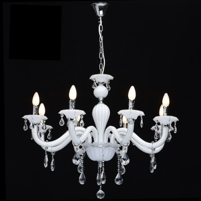 Люстра Mw light 483011208 Элла Люстра Mw light 483011208 ЭллаПодвесные<br>Описание модели 483011208: Искусное оформление люстры из коллекции Элла привлекает к себе внимание любителей прекрасного. Металлическое основание белого цвета освежит обстановку и будет гармонично сочетаться практически с любыми оттенками в интерьере. Люстра щедро декорирована стеклянными кружевными элементами и подвесками из мерцающего хрусталя, ажурные плафоны как будто вручную сотканы из легких стеклянных нитей. Этот по-настоящему нарядный светильник станет подлинным украшением комнаты. Рекомендуемая площадь освещения порядка 18 кв.м.<br><br>Установка на натяжной потолок: Да<br>S освещ. до, м2: 24<br>Рекомендуемые колбы ламп: свеча / свеча на ветру<br>Крепление: Крюк<br>Тип лампы: накаливания / энергосберегающая / светодиодная<br>Тип цоколя: E14<br>Количество ламп: 8<br>MAX мощность ламп, Вт: 60<br>Диаметр, мм мм: 840<br>Длина цепи/провода, мм: 250<br>Высота, мм: 1020<br>Поверхность арматуры: глянцевый<br>Цвет арматуры: белый<br>Общая мощность, Вт: 480