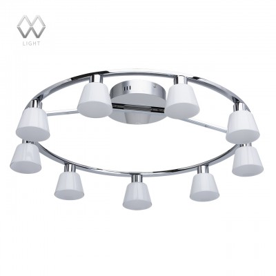 Люстра Mw light 632013709 Гэлэкси Люстра Mw light 632013709 ГэлэксиПотолочные<br>Описание модели 632013709: Люстра из коллекции «Гэлэкси» - это сочетание современных форм и модного цветового решения. Её хромированное металлическое основание оригинально дополняют миниатюрные стеклянные плафоны. Они располагаются по всему периметру основания и окрашены в нежный молочно-белый цвет. Светильник идеально впишется в интерьер городского жителя.<br><br>Установка на натяжной потолок: Да<br>S освещ. до, м2: 16<br>Крепление: Планка<br>Тип лампы: LED<br>Тип цоколя: LED<br>Цвет арматуры: серебристый<br>Количество ламп: 9<br>Диаметр, мм мм: 715<br>Высота, мм: 260<br>MAX мощность ламп, Вт: 5
