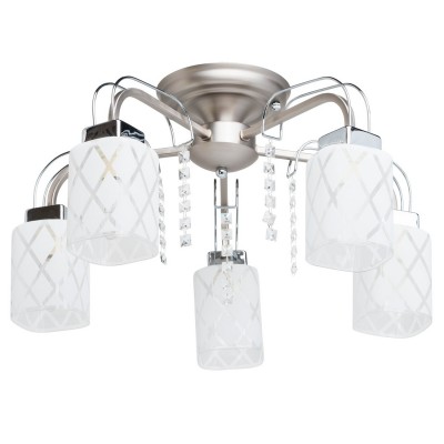 Люстра Mw light 638011605 Олимпия Люстра Mw light 638011605 ОлимпияПотолочные<br>Описание модели 638011605: Люстра из коллекции Олимпия идеально подойдёт для сторонников современных веяний в интерьере в сочетании с традиционными элементами. Матовое основание цвета никеля прекрасно смотрится в тандеме со стеклянными плафонами белого цвета. Плафоны сделаны в форме «квадро», со скругленными углами и декорированы геометрическим рисунком. Помимо строгих математических узоров, люстру украшают декоративные элементы их хрома и хрусталя, делая её особенно привлекательной. Рекомендуемая площадь освещения порядка 15 кв.м.<br><br>Установка на натяжной потолок: Да<br>S освещ. до, м2: 15<br>Крепление: Планка<br>Тип лампы: накаливания / энергосберегающая / светодиодная<br>Тип цоколя: E14<br>Количество ламп: 5<br>MAX мощность ламп, Вт: 60<br>Диаметр, мм мм: 540<br>Высота, мм: 290<br>Поверхность арматуры: матовый, глянцевый<br>Цвет арматуры: серебристый<br>Общая мощность, Вт: 300